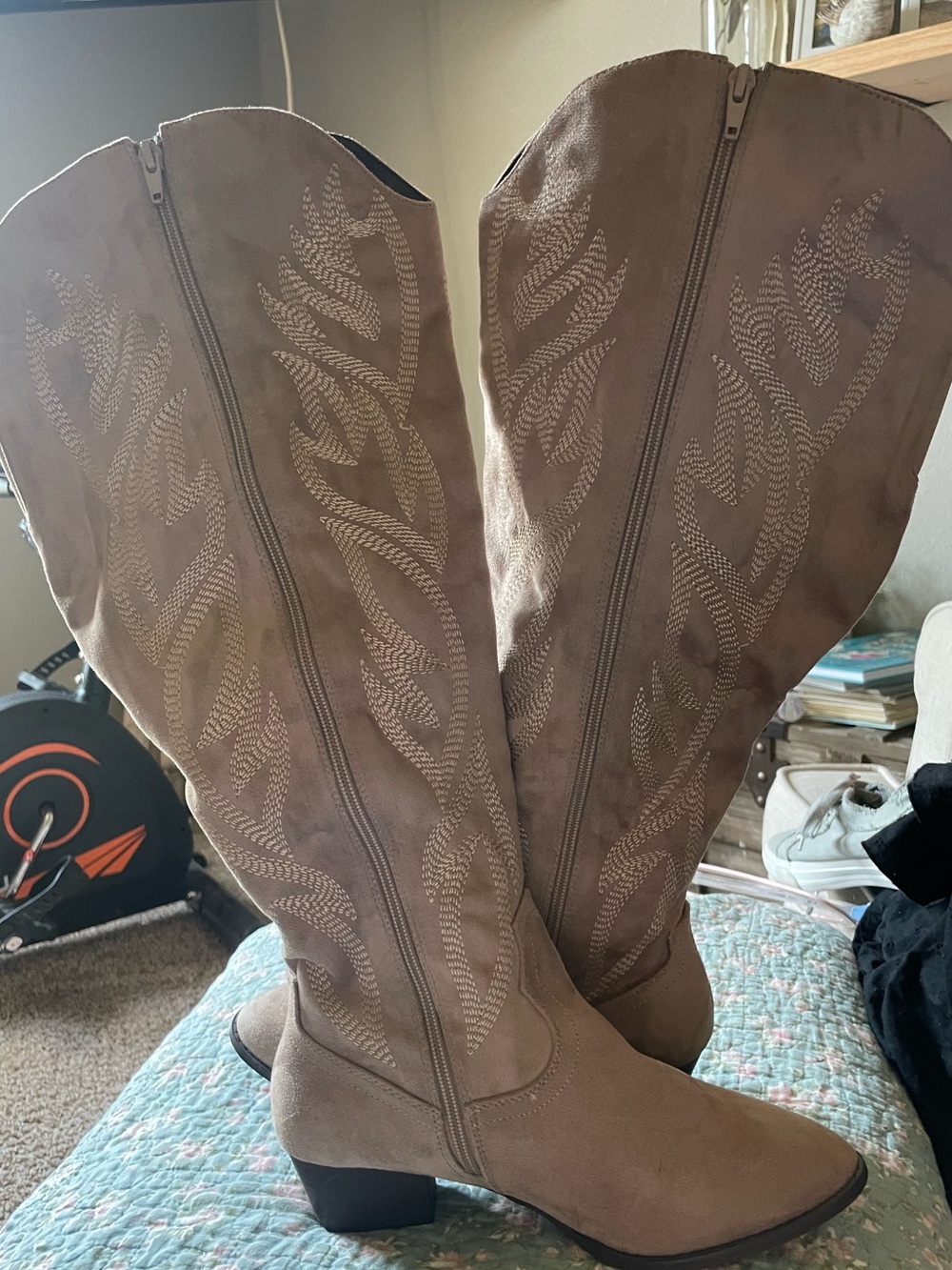 Women's Taupe Embroidered Knee-High Heeled Boots